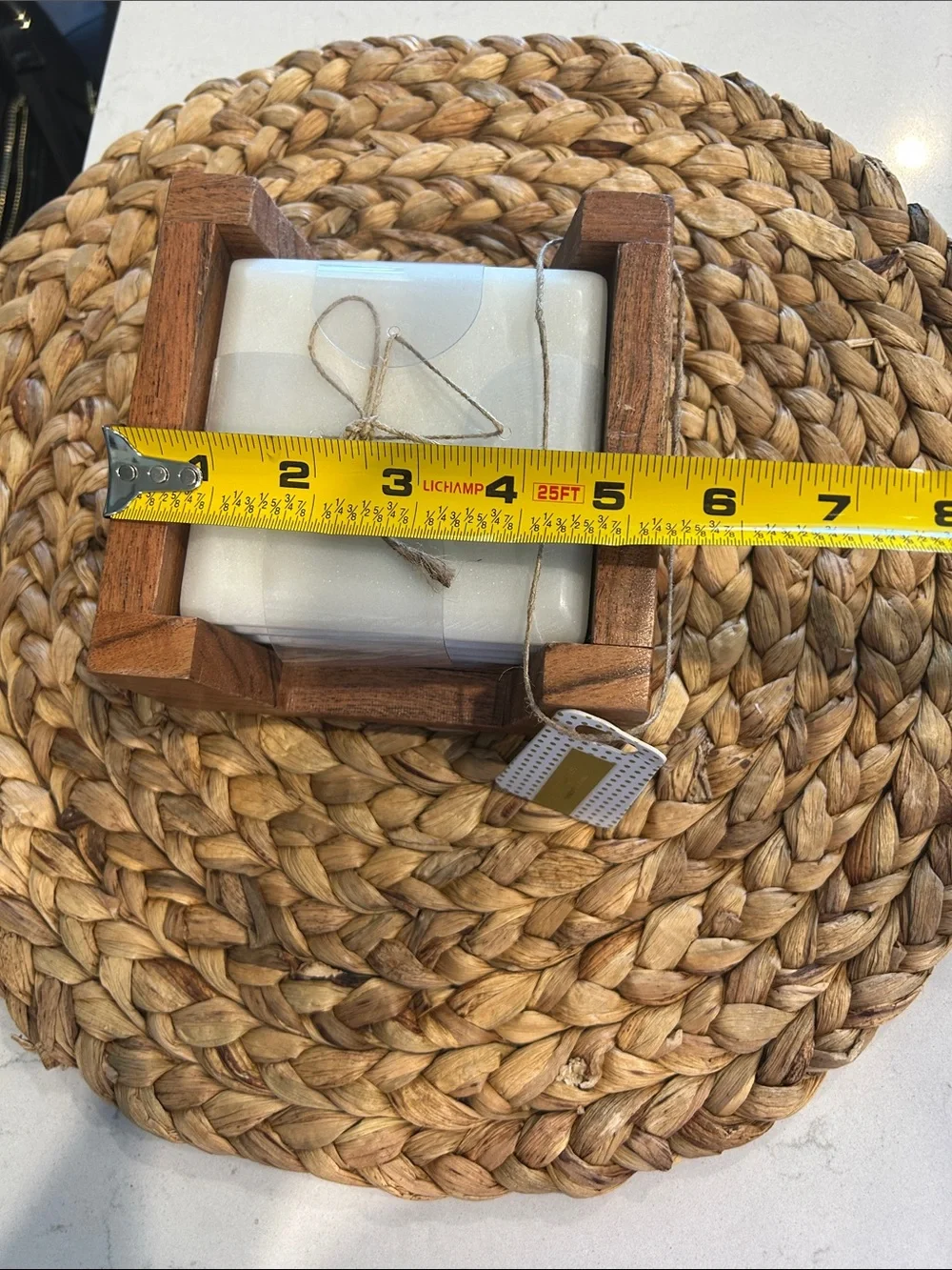 Source Unknown White Marble Coaster Set with Wooden Holder
